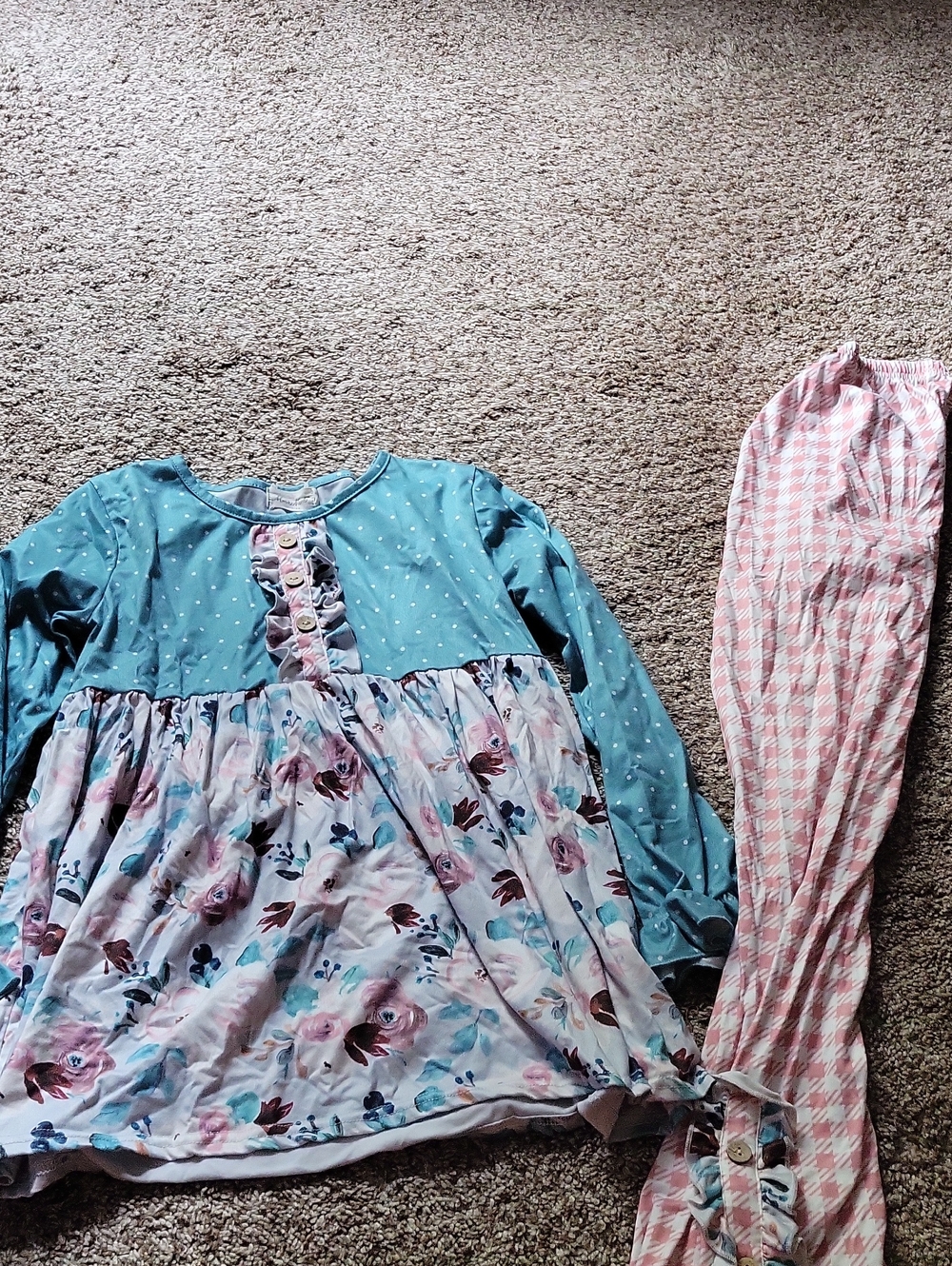 Kids Blue Floral Long-Sleeve Boutique Set with Pink Houndstooth Pants